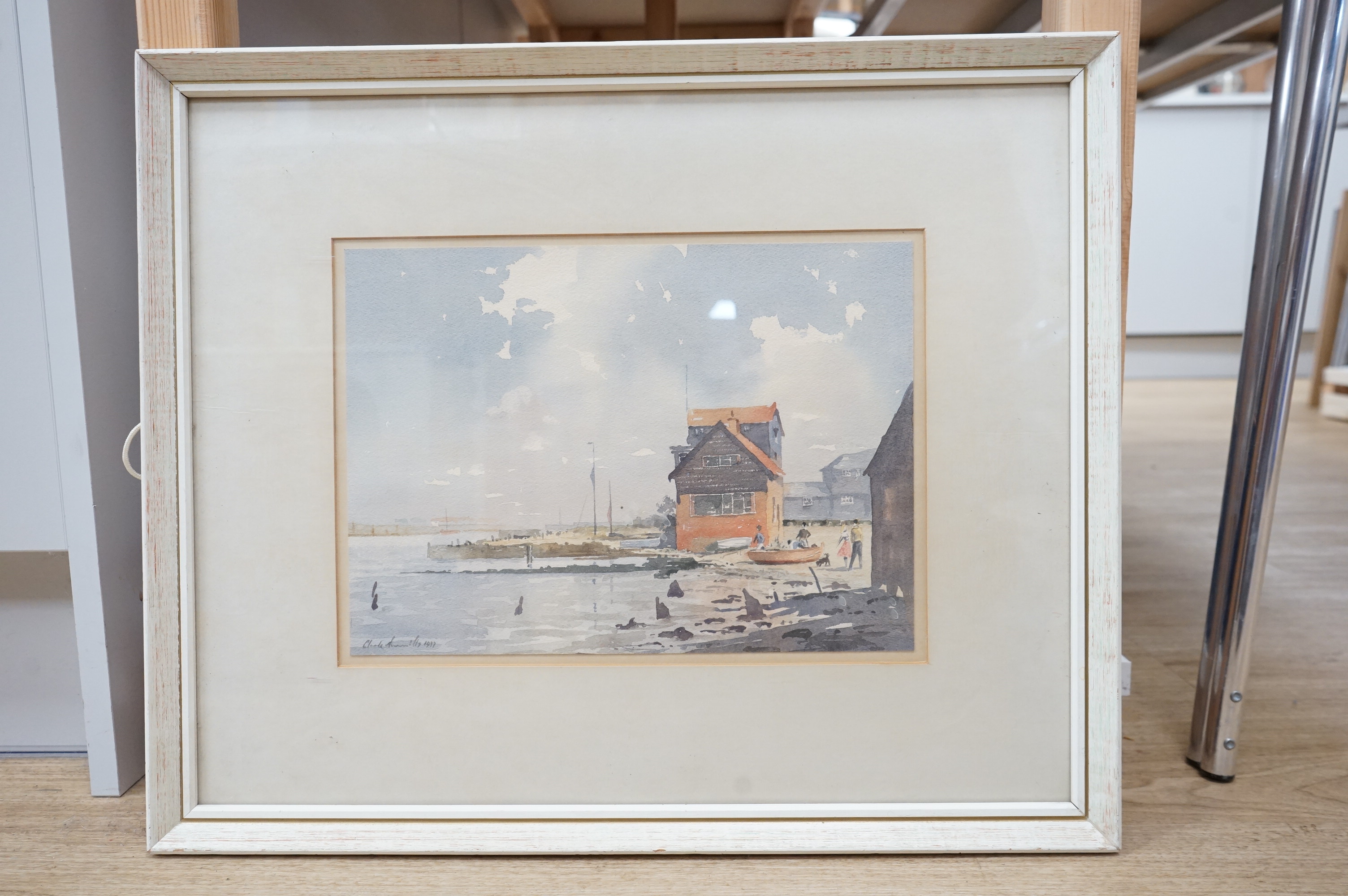 Claude Murrills (1915-2006), Croydon market scene, oil on board and coastal scene, watercolour, former 44x29cm